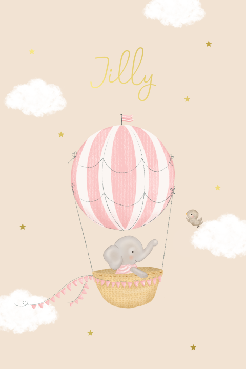 Geboortekaartje dochter met olifantje in luchtballon
