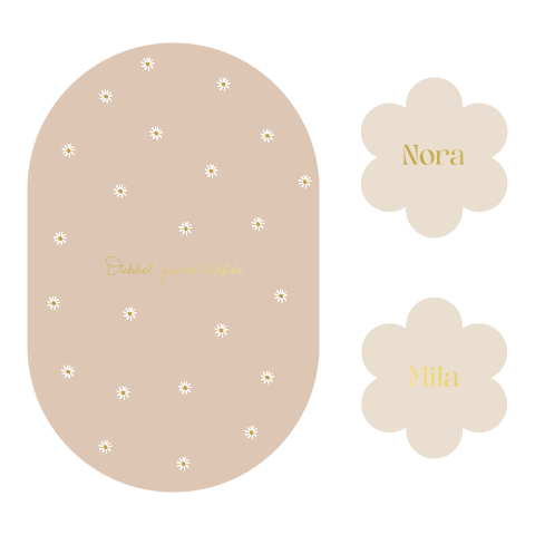 Geboortekaartje voor een tweeling ovaal met bloemenlabels