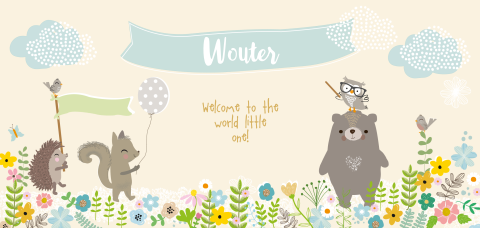 leuk geboortekaartje voor een jongen met bloemen en dieren