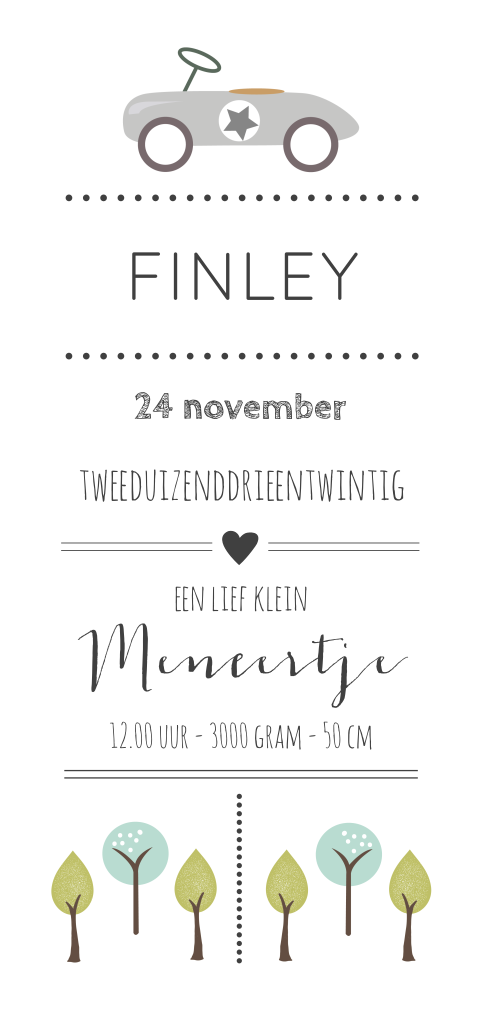 Typografie geboortekaartje voor een jongen met auto en bomen