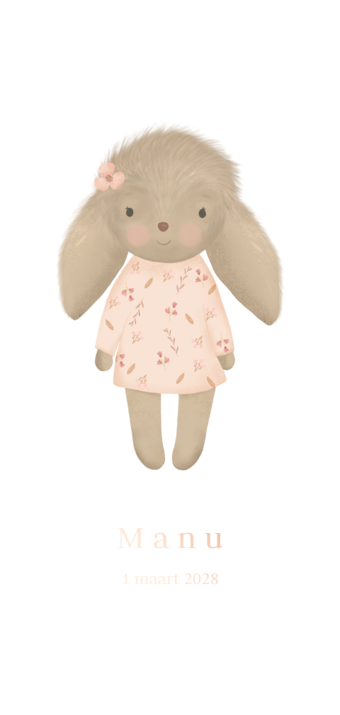 Lief geboortekaartje meisje met konijntje en roségoudfolie