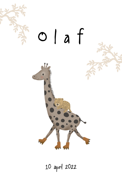 Geboortekaart jongen met vrolijke giraffe op rolschaatsen