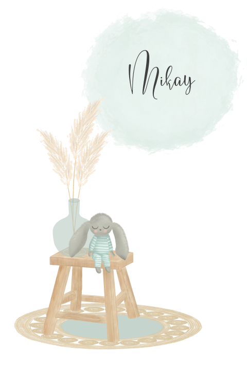 lief geboortekaartje voor een jongen met krukje en konijntje