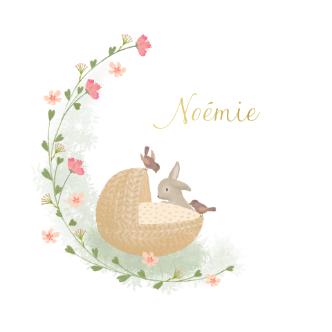 Vintage geboortekaartje meisje met bloemen en bosdieren