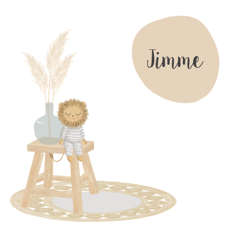 jongens geboortekaartje met knuffel op krukje en pampasgras