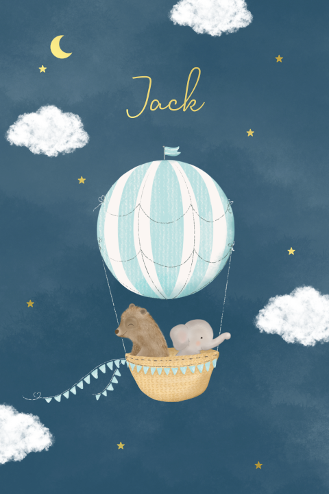 Geboortekaartje zoon met luchtballon beer en olifant