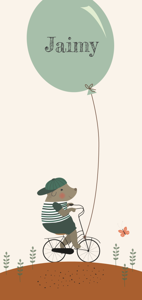 stoer geboortekaartje voor een jongen met beer op fiets