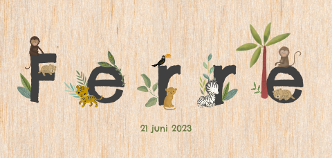 Geboortekaartje jongen hout met naam en jungledieren