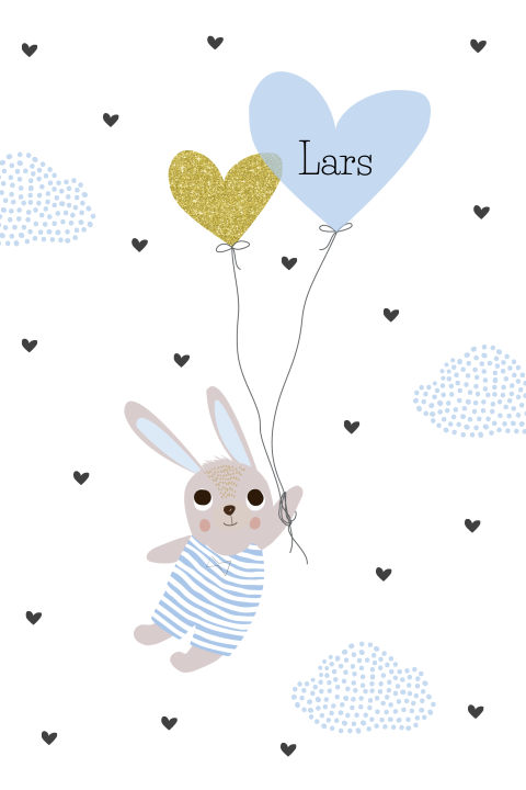 lief geboortekaartje zoon met konijn ballonnen en wolken