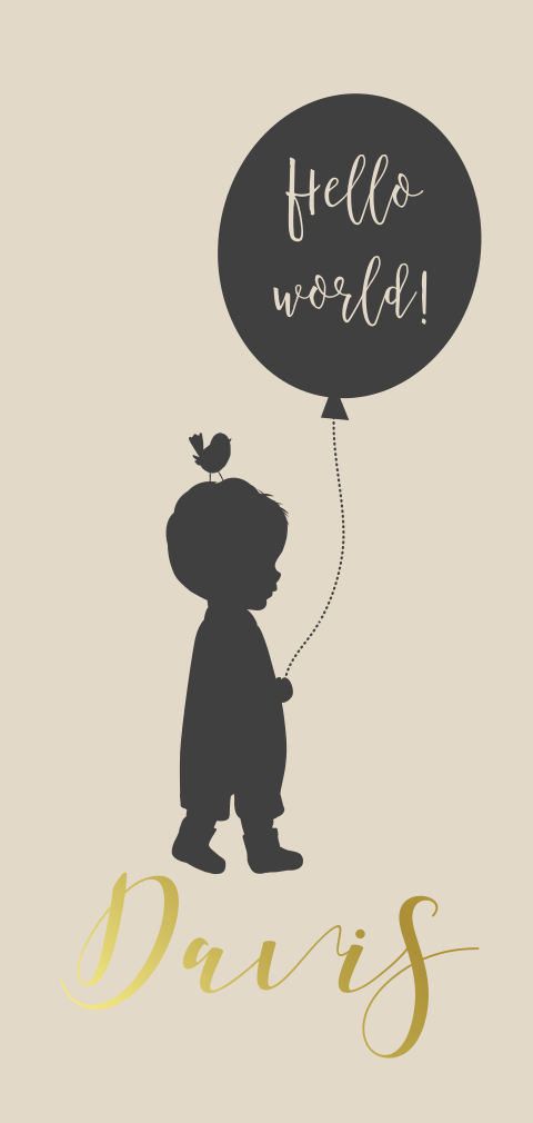 goudfolie geboortekaart silhouet kleine jongen met ballon
