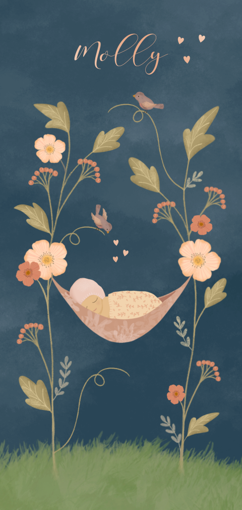 Lief geboortekaartje meisje met bloemen en vogeltjes
