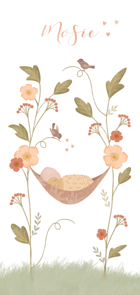 Geboortekaartje meisje met bloementakjes en vogeltjes