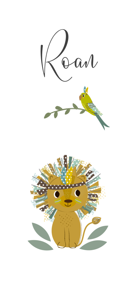 Stoer geboortekaartje voor een zoon met leeuw en papegaai