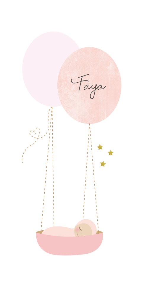 Lief meisjes geboortekaartje met mandje aan ballonnen