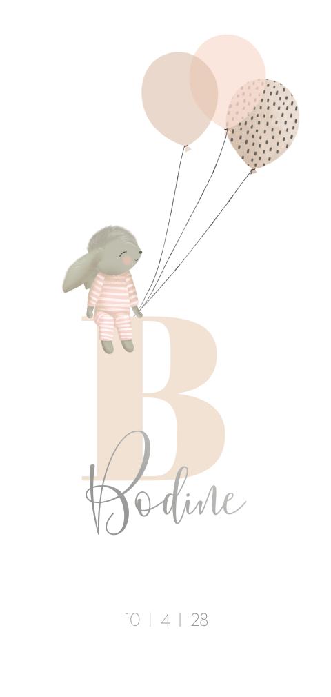 Folie geboortekaart voor een meisje met konijn en ballonnen