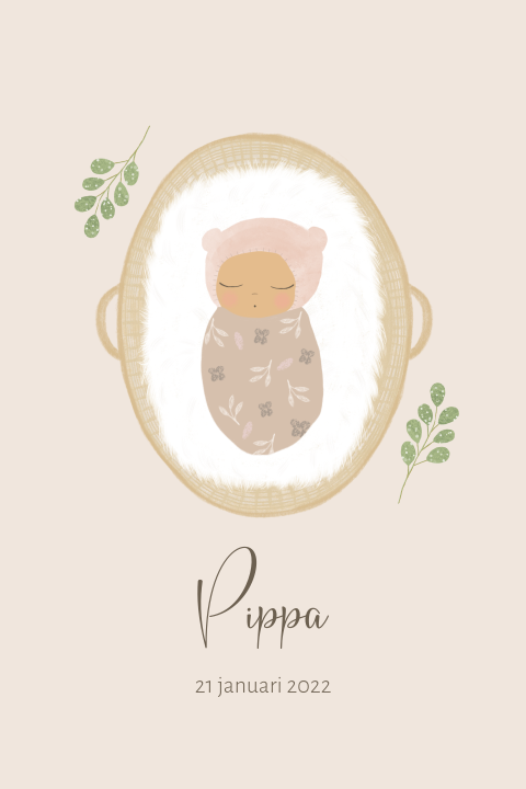 Lief geboortekaartje voor een meisje met baby in mandje