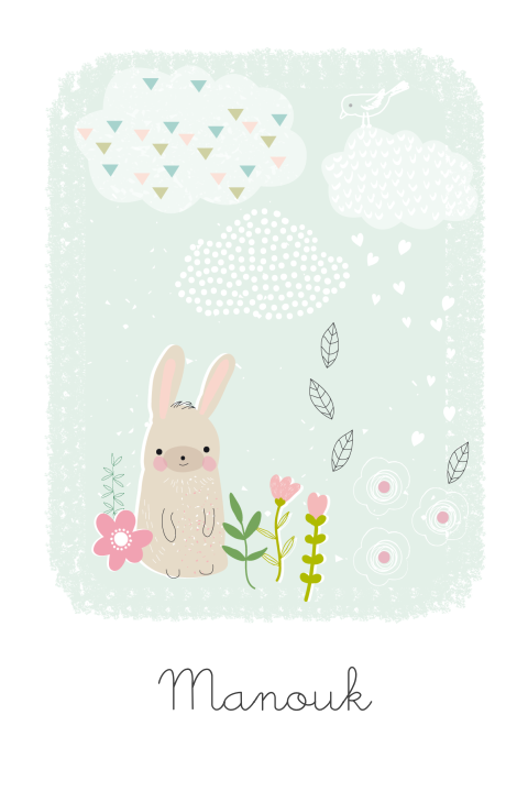 lief geboortekaartje dochter met konijn wolkjes en bloemen