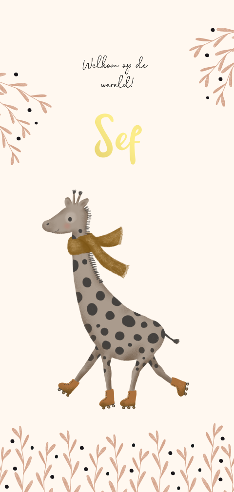 Geboortekaartje zoon met giraffe op rolschaatsen