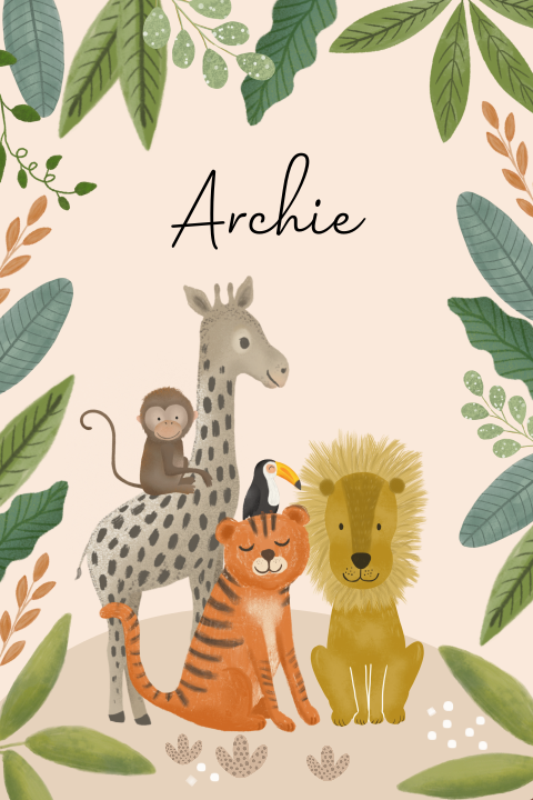 Geboortekaart voor een jongen met giraffe, leeuw en tijger