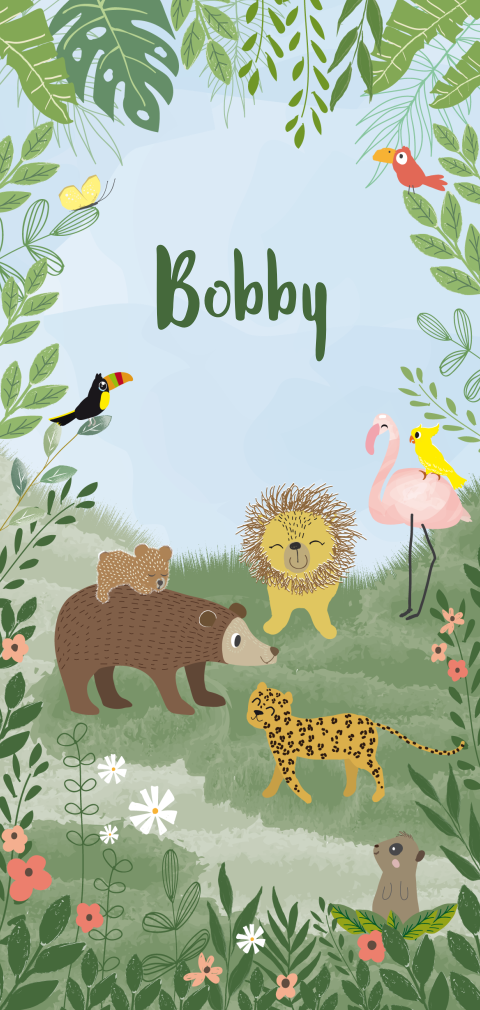 Geboortekaartje voor een jongen met dieren in de jungle