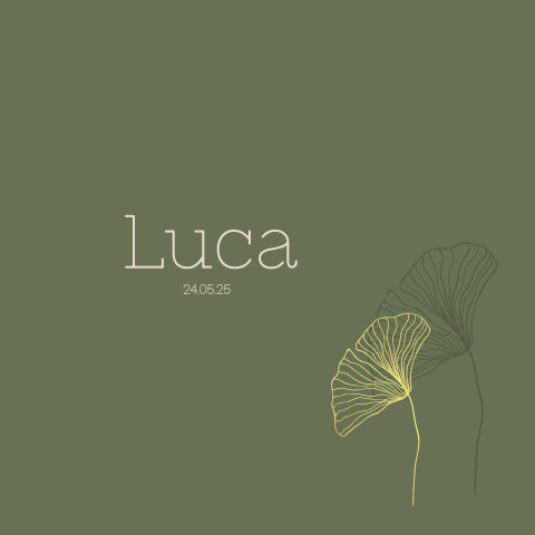 Botanisch geboortekaartje olijfgroen Ginkgo blad met goudfolie