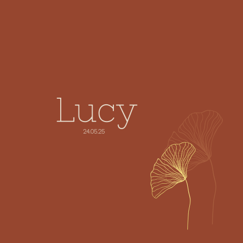 Botanisch geboortekaartje steenrood Ginkgo blad met goudfolie