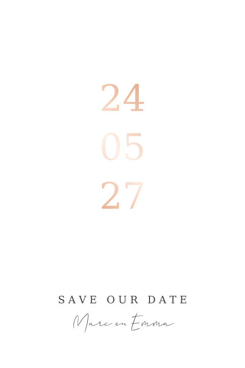 Moderne Save our date met rosegoudfolie