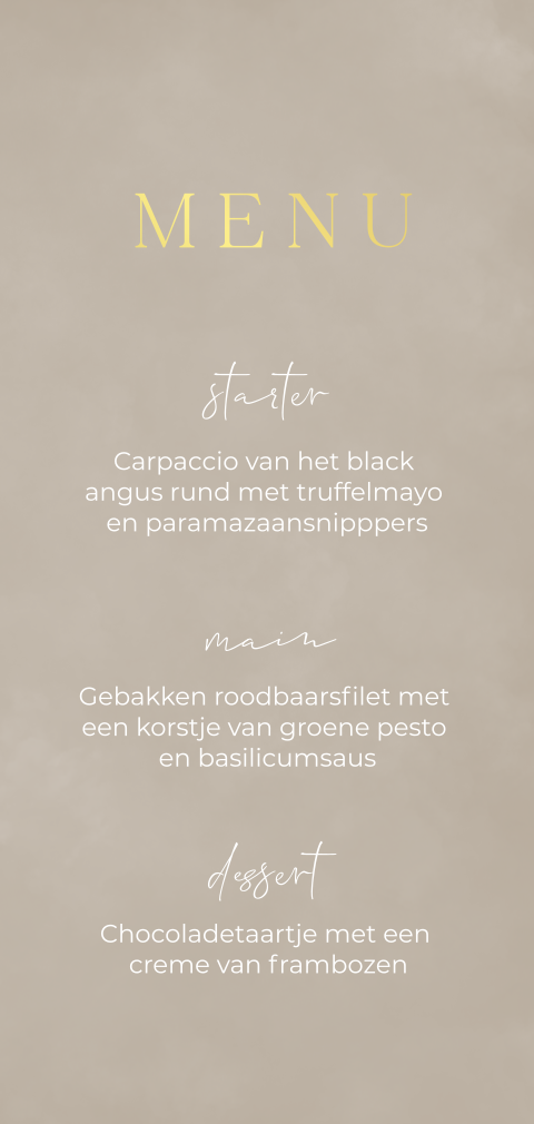 Velvetlook Taupe menukaart met goudfolie