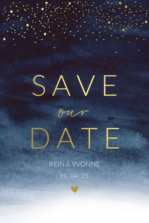 Save the date kaart blauw met spetters