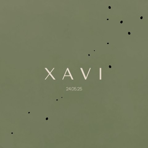 Stoer geboortekaartje olijfgroen met spetters