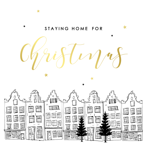 Kerstkaart staying home for Christmas illustratie
