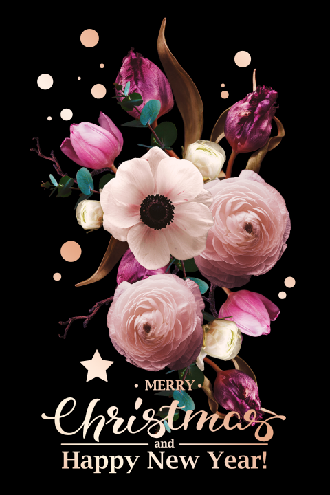 Kerstkaart roze bloem boeket met rosé folie print