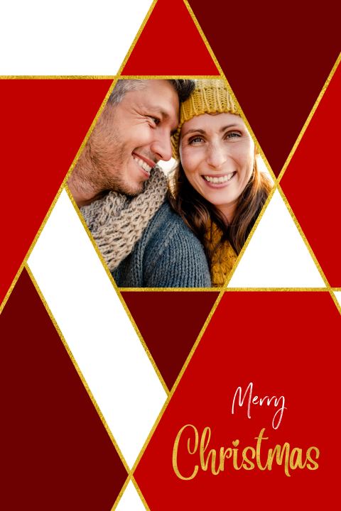 Kerstkaart hippe ruiten rood goud en eigen foto