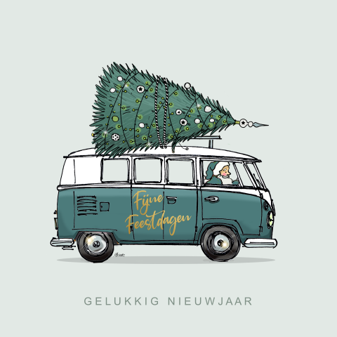 Vw busje met kerstboom en pakjes