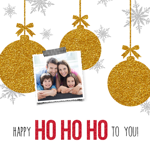 Kerstkaart met foto, glitter en sneeuwvlokjes