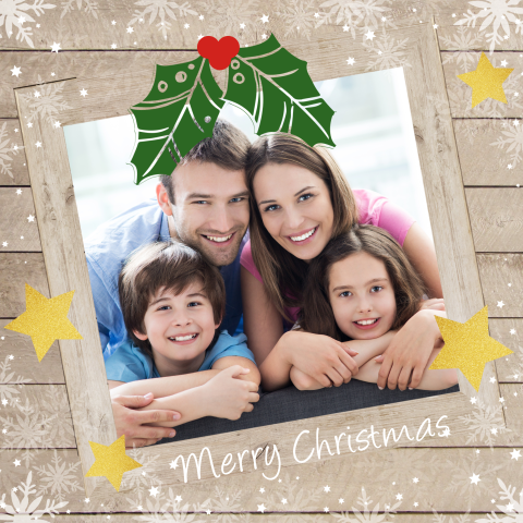 Kerstkaart met foto en houten lijst