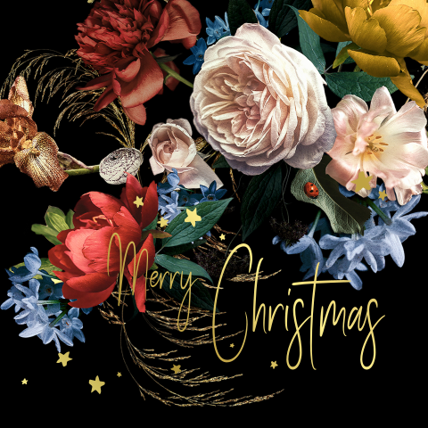 Sfeervolle kerstkaart Goudfolie op bloemen Oude Hollandse Meesters