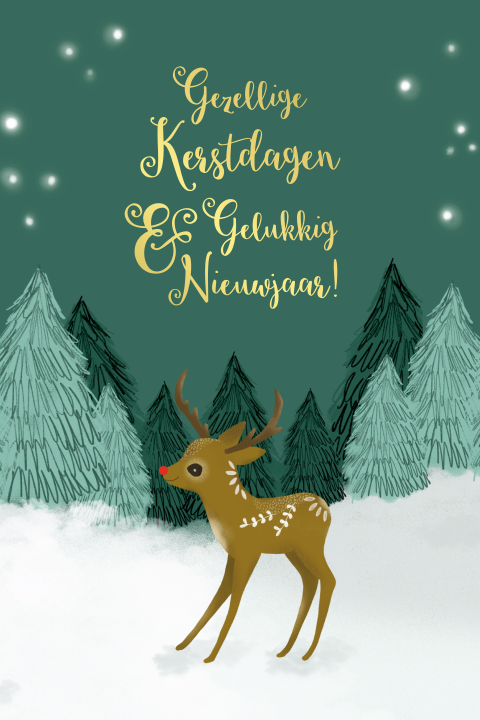 Lieve kerstkaart met illustratie van hertje in winterlandschap