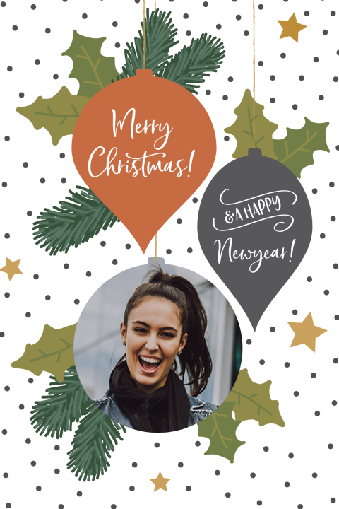 Kerstkaart met foto en kerstversieringen