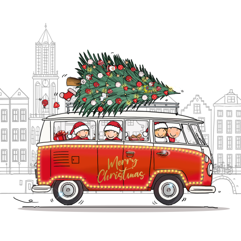 Busje met mensen met kerstboom