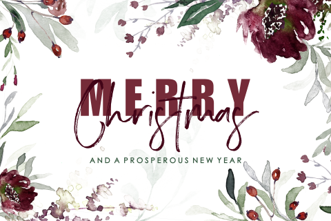 Chique kerstkaart met watercolor bloemen en kersttakjes