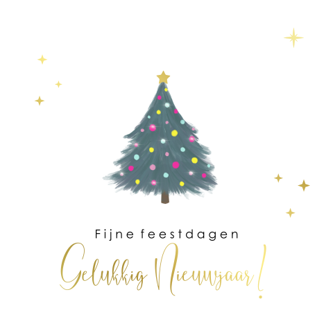 Kerstkaart met illustratie van een kerstboom met kleurige kerstballen