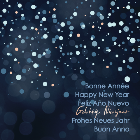 Kerstkaart in donkerblauw met roségoud folie