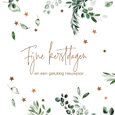 Trendy kerstkaart met blaadjes en sterretjes