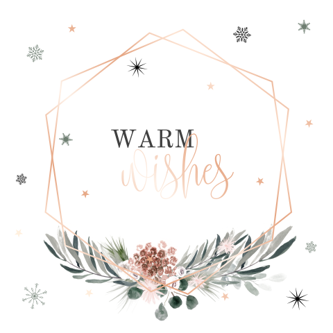 Kerstkaart met warm wishes en roséfolie