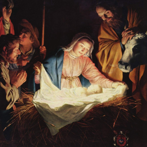 Traditionele kerstkaart met Maria en baby Jezus