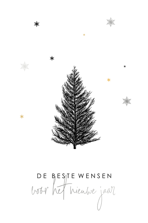 Kerstkaart met denneboom en zilveren sterren