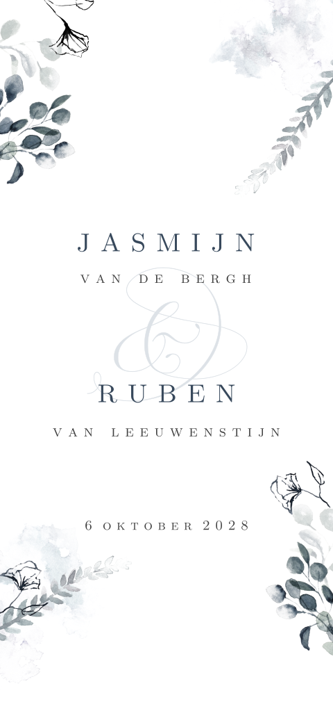 Stijlvolle trouwkaart met fine art takjes en blaadjes