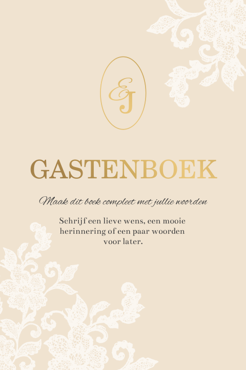 Staand bordje gastenboek met goudfolie, logo en kant