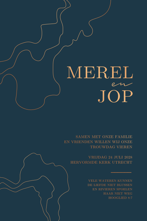 Moderne trouwkaart in diepblauw met koperfolie